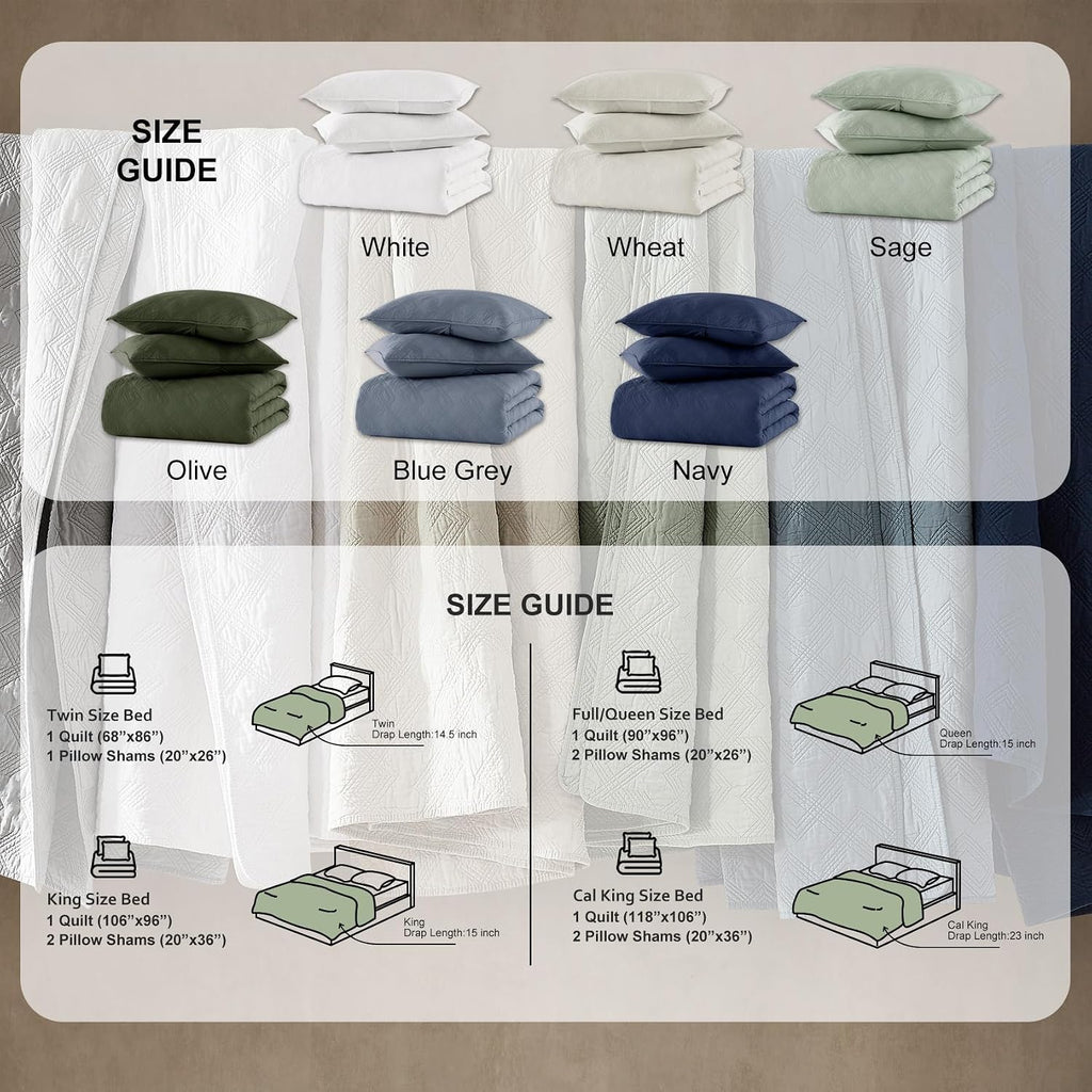 100% Cotton King Quilt Set - Sage Green Pre-Washed Soft Lightweight Modern Bedspread, Farmhouse Country Rustic