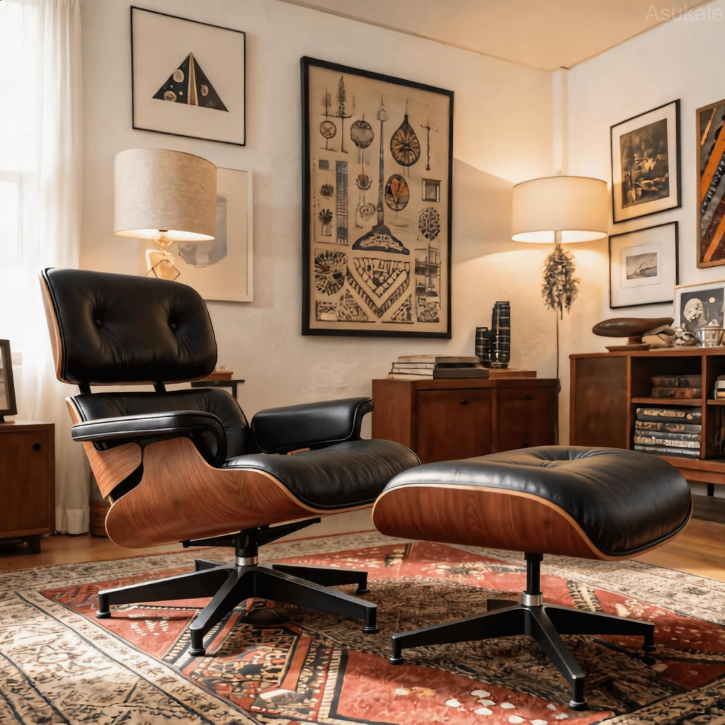 Modern Reading Chair and Ottoman — Walnut Leather