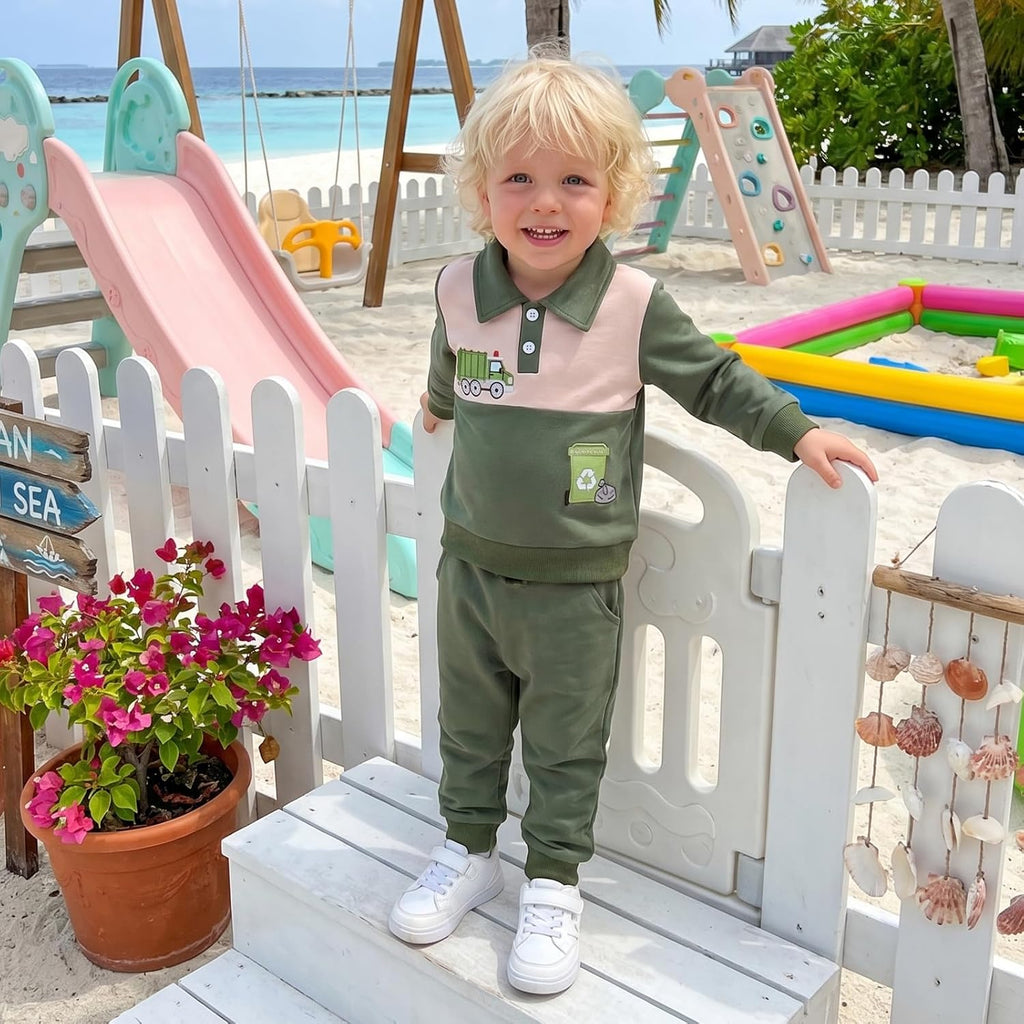 Baby Boy Fall Clothes Toddler Winter Outfits Long Sleeve Contrast Lapel Truck Embroidery Sweatshirt + Pants Sets