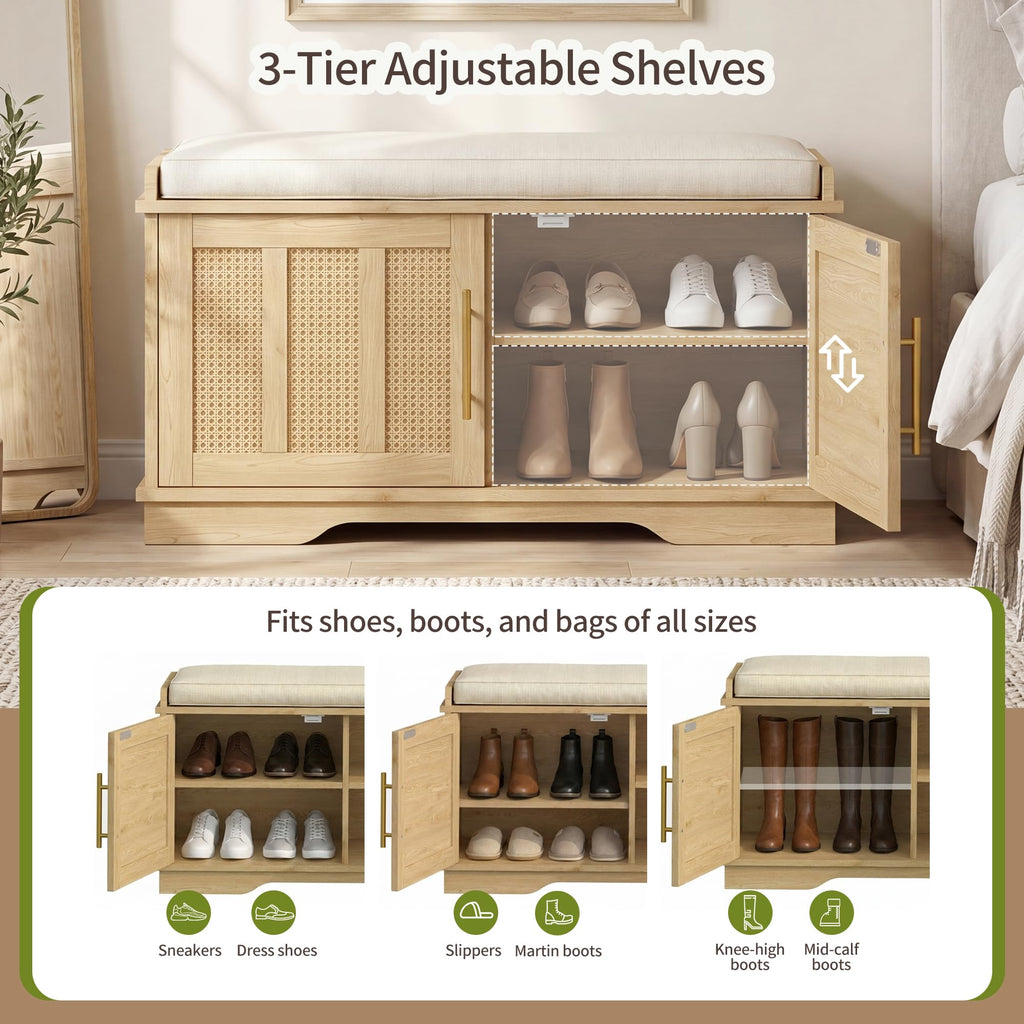 Shoe Cabinet with Bench, Rattan Storage Bench with Cushion