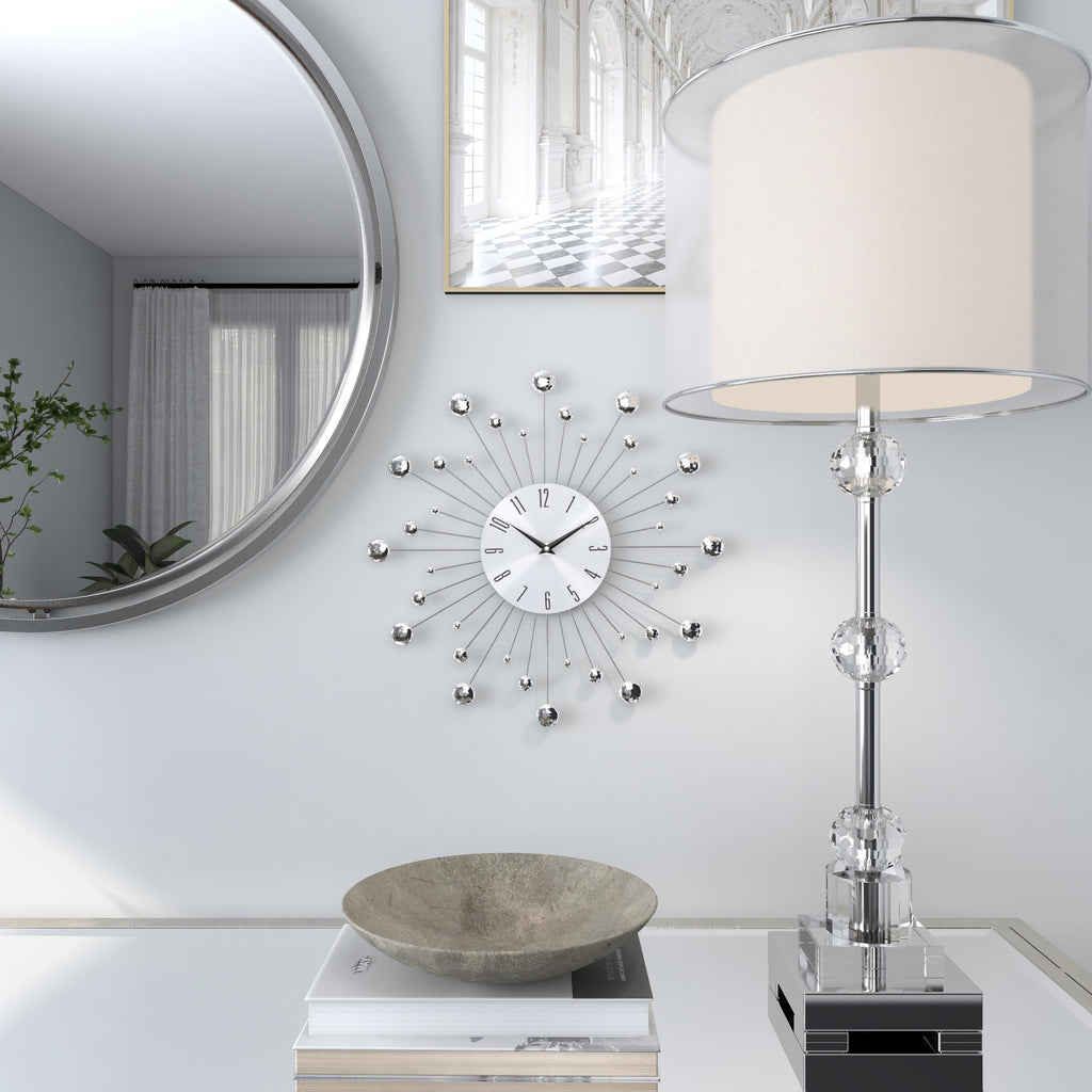 Metal Starburst Decorative Wall Clock With Crystal Accents and Room, 15" x 2" x 15", Silver