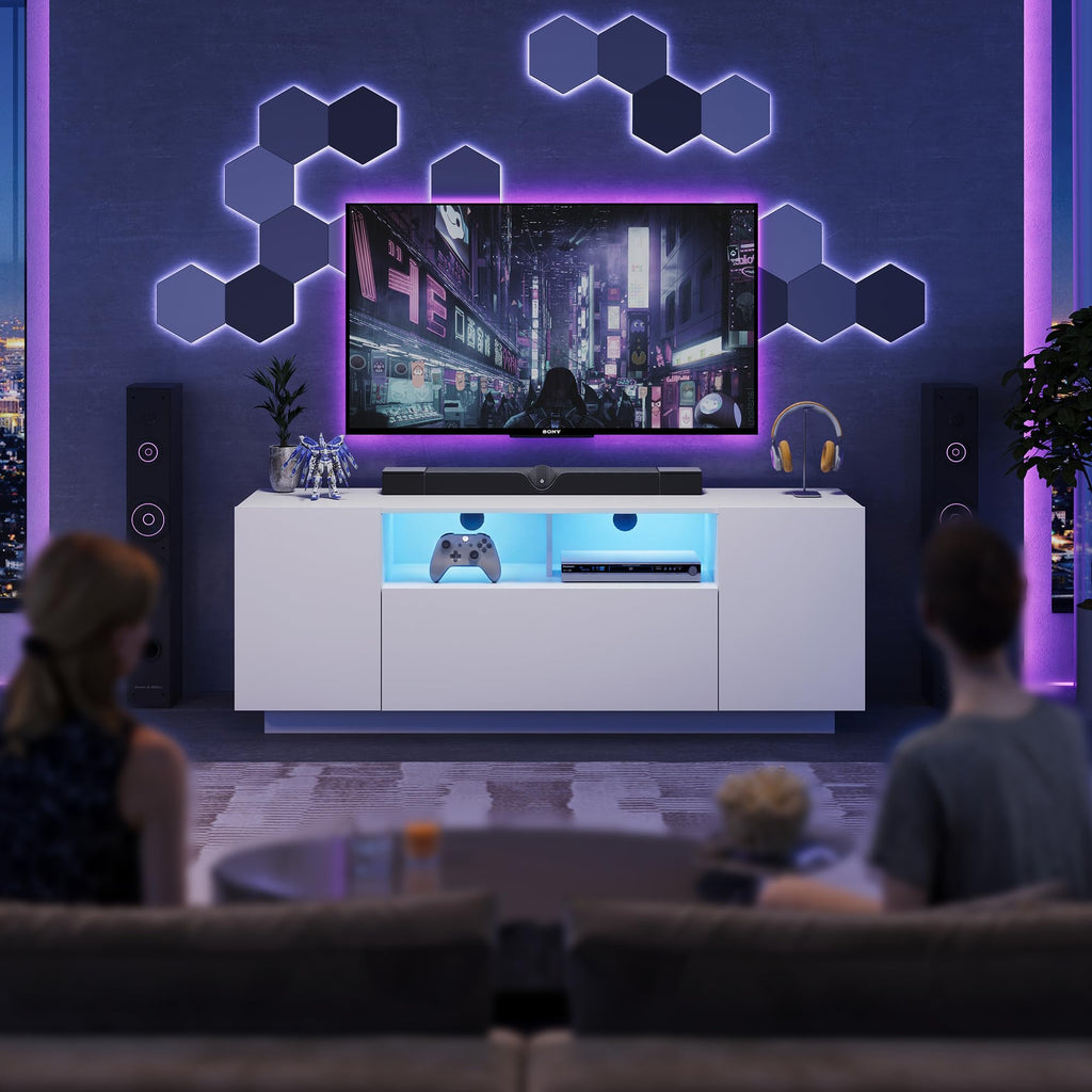 TV Stand with LED Lights & Large Storage Cabinet, Modern Entertainment Center for 32/43/50/55 Inch TVs, Sturdy Media