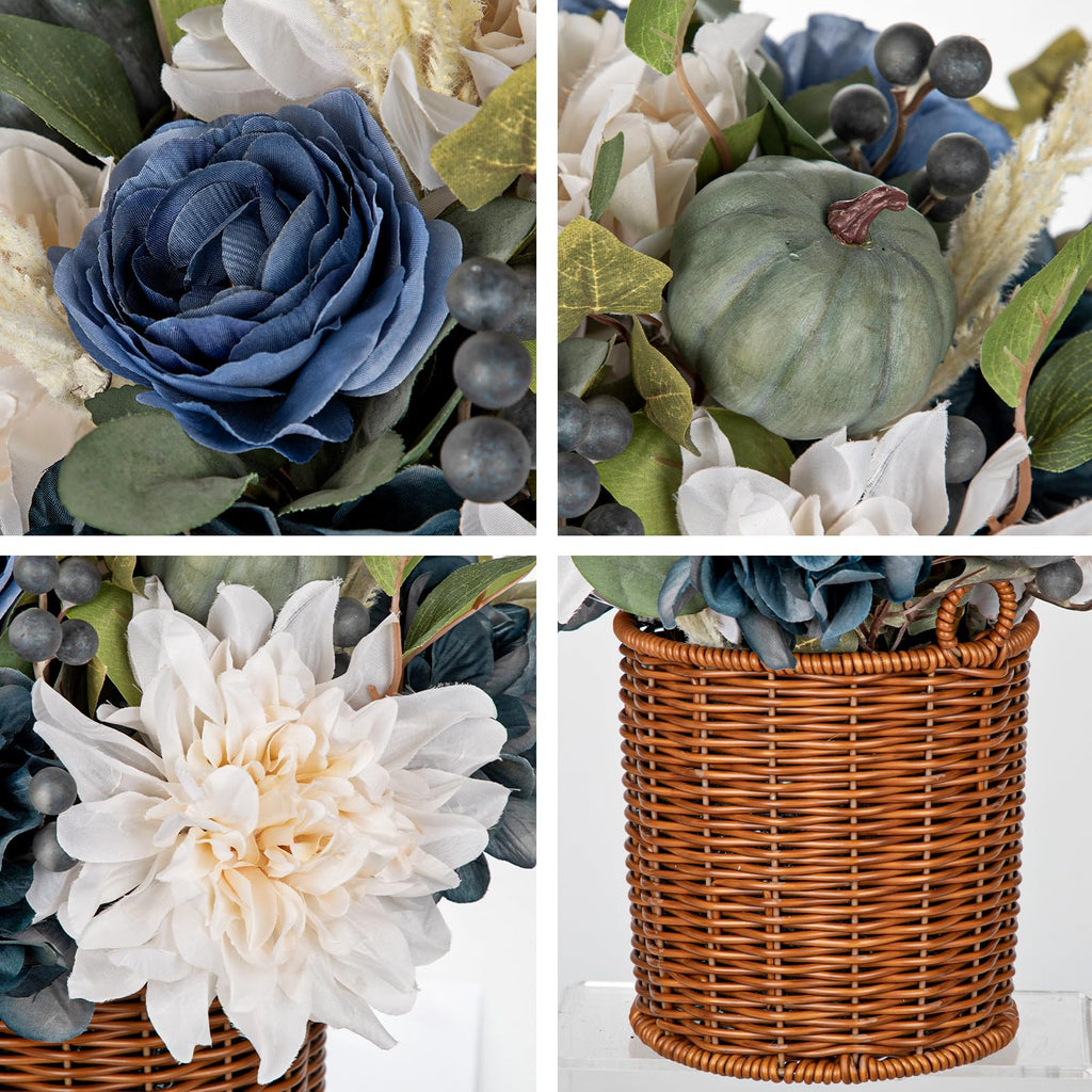 13.8" Fall Flowers Arrangement in Baskets Pot Outdoor Indoor Fake Pumpkin Hydrangea Peonies Artificial Flower in
