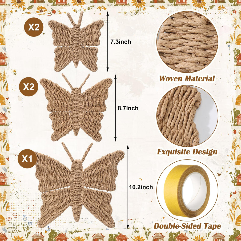 5 Pcs Butterfly Wicker Wall Decor 3 Size Spring Natural Rattan Decor Boho Wall Art Rustic Cottagecore Hanging