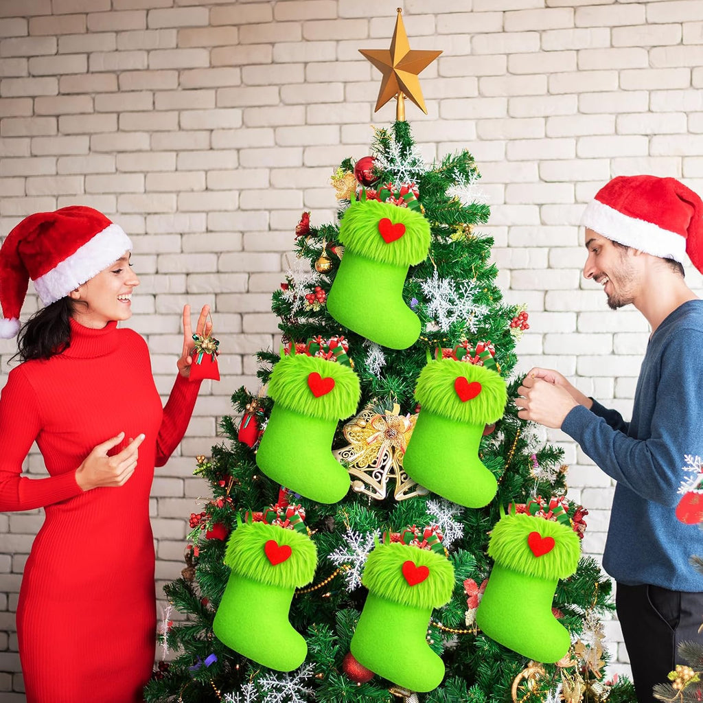 24 Pcs Mini Christmas Stockings 6 Inch Green Faux Fur Stockings