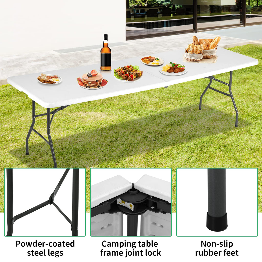 8FT Folding Table, Heavy Duty Foldable Table with Handle, Portable Fold-in-Half Utility Tables for Indoor & Outdoor