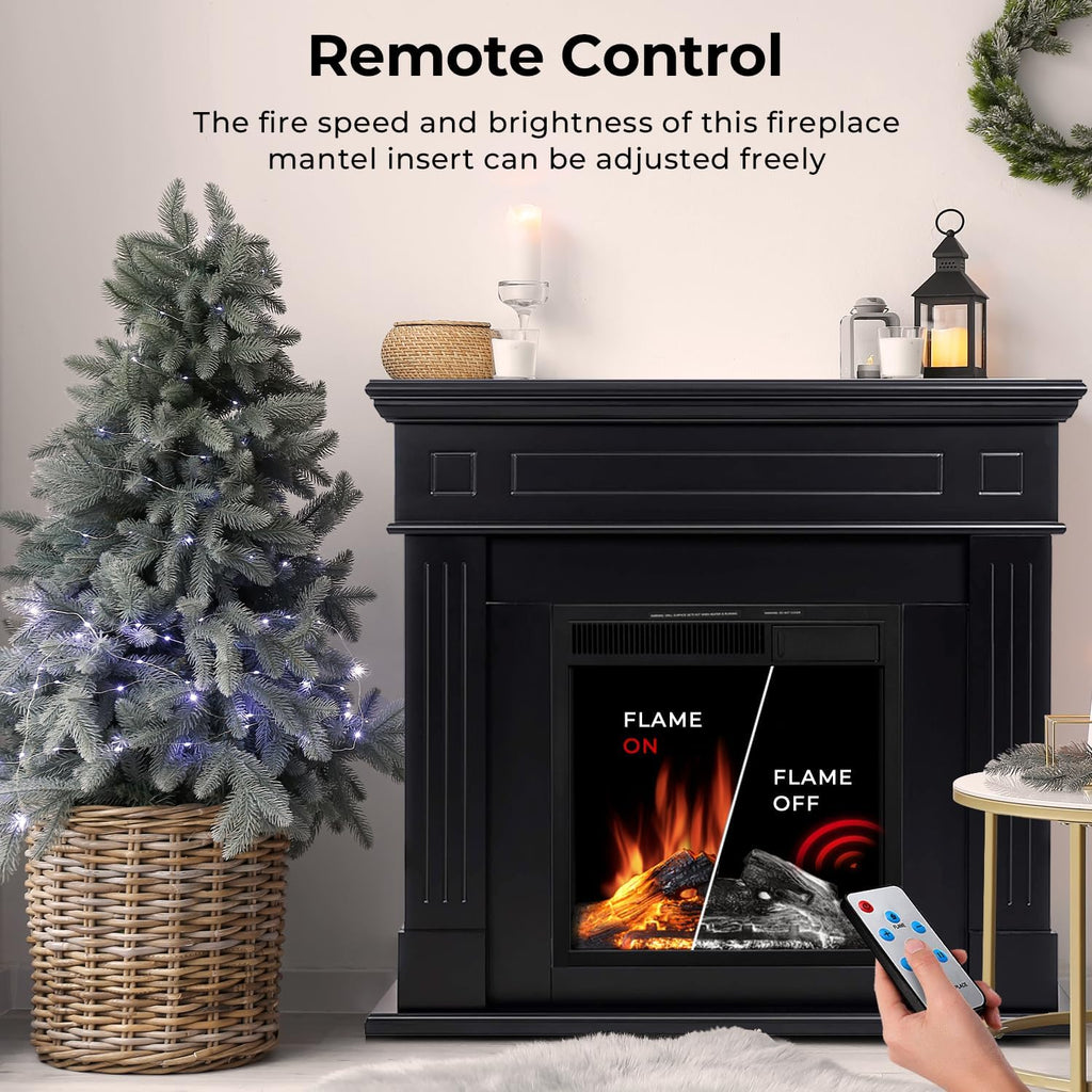 43 Inch Freestanding Electric Fireplace Mantel Heater with Remote Control, Adjustable LED Flame, 750W/1500W, Black