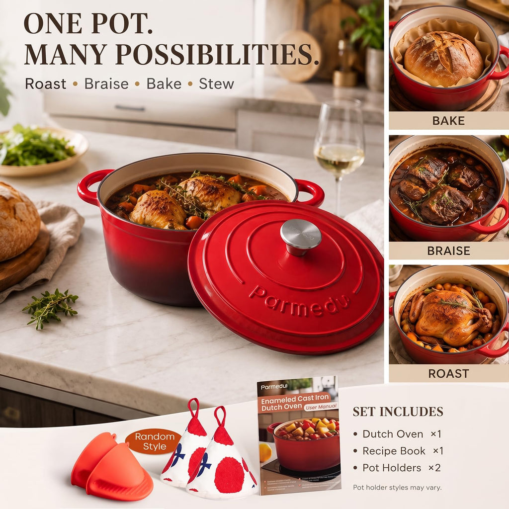5.5QT Enameled Cast Iron Dutch Oven for Sourdough Bread Red