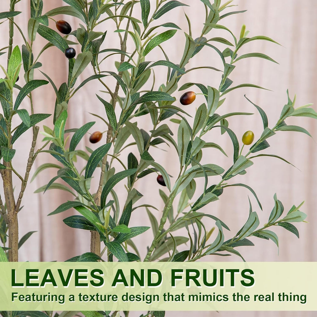 7FT Artificial Olive Tree Indoor with White Pot Tall Planter, Faux Olive Tree with Natural Wood Trunk and Lifelike