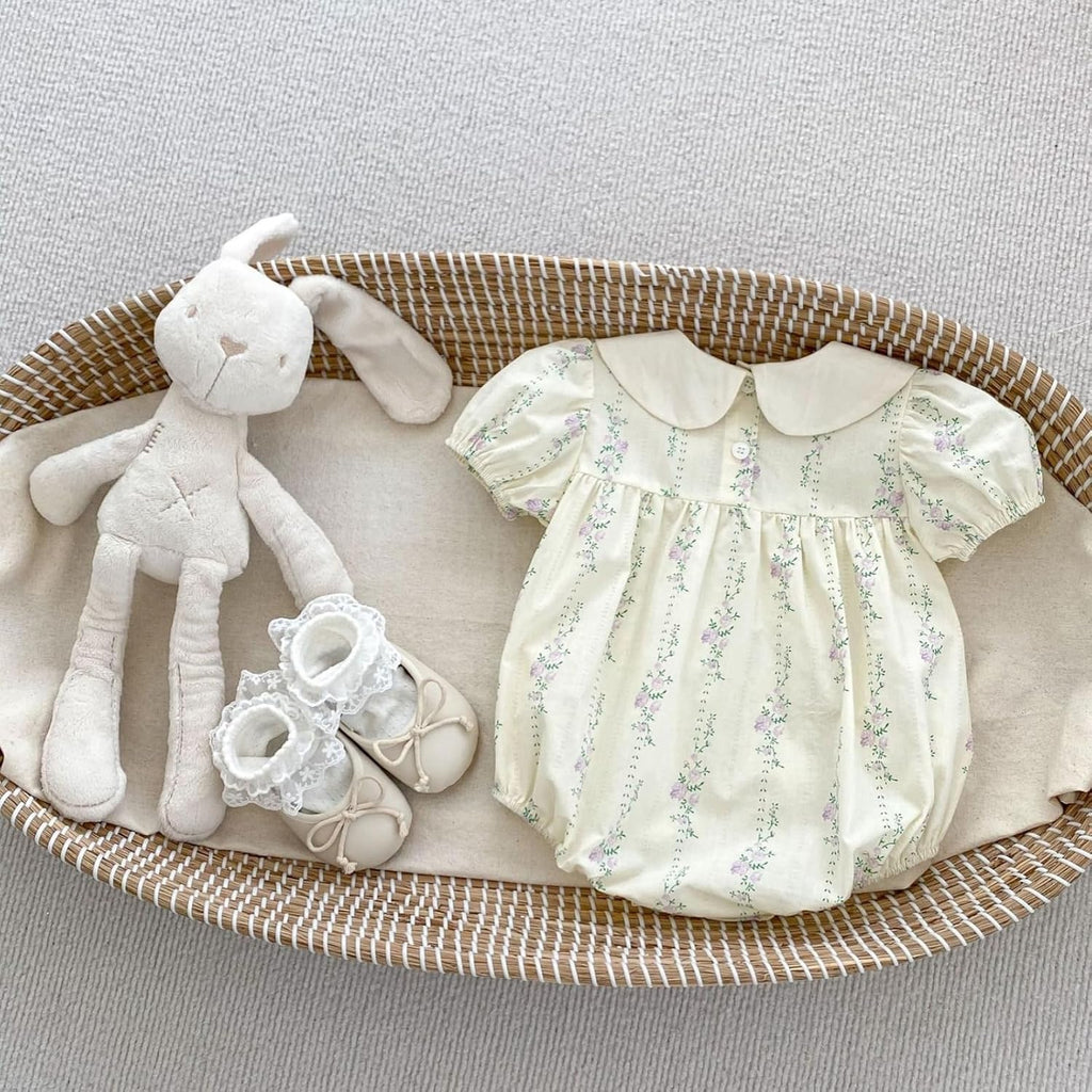 Baby Girl Vintage Floral Romper Embroidered Peter Pan Collar Bubble Short Sleeve Cotton Bodysuit Cute Summer Outfits