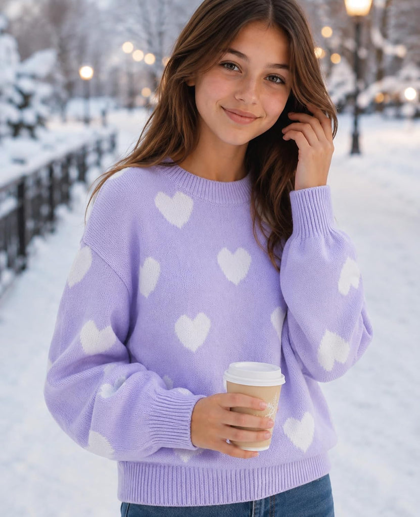 Girl's Cute Heart Sweater Round Neck Long Sleeve Knit Tops Knitwear Drop Shoulder