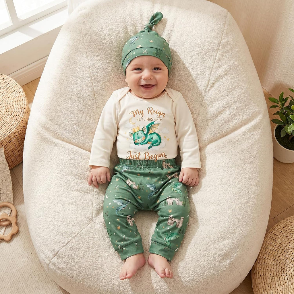 Newborn Baby Boy Fall Clothes Dragon Bear Romper Pants Set with Hat