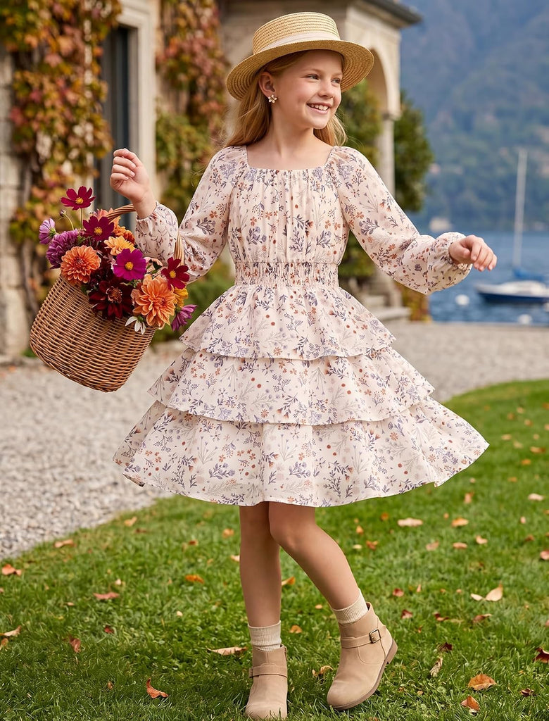 Girls Fall Long Sleeve Floral Dresses Smocked Waist Square Neck