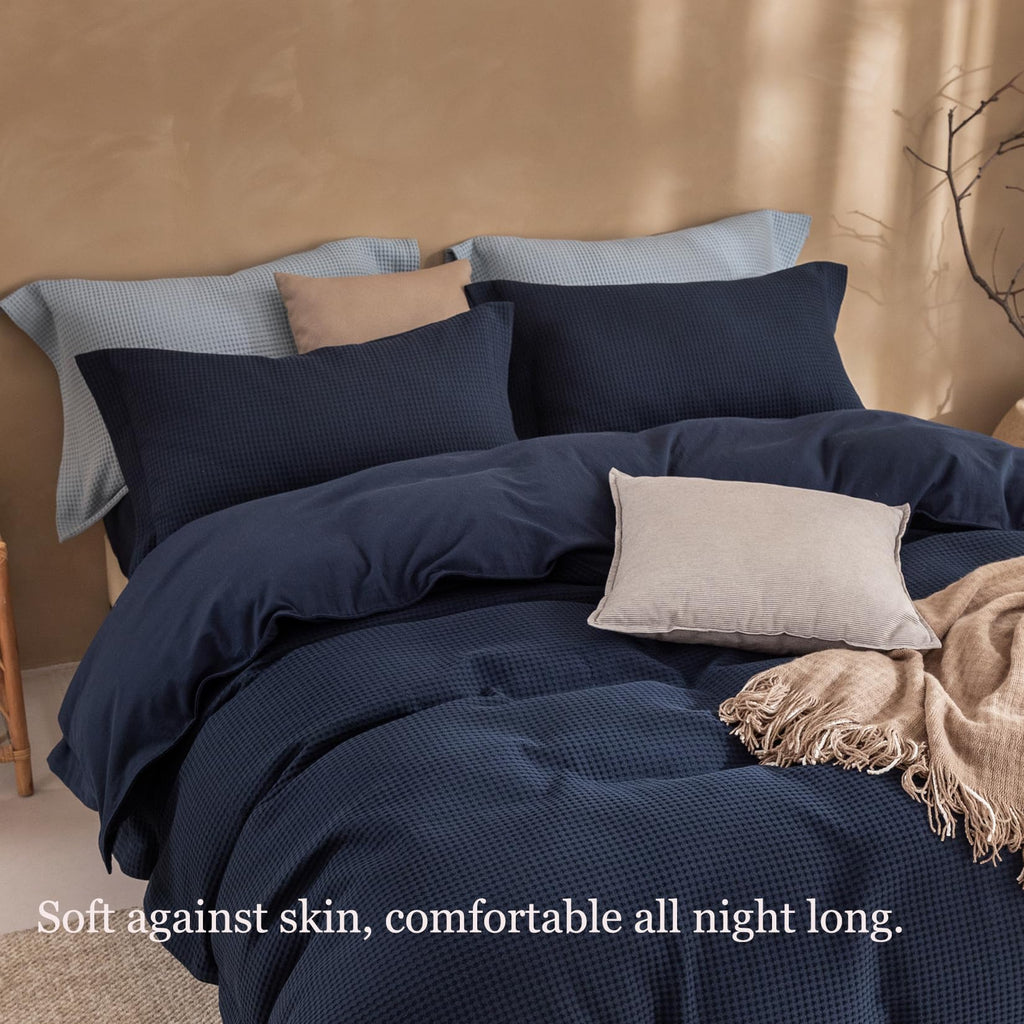 3Pcs Navy Blue Waffle Cotton Duvet Cover Set Super 98x90