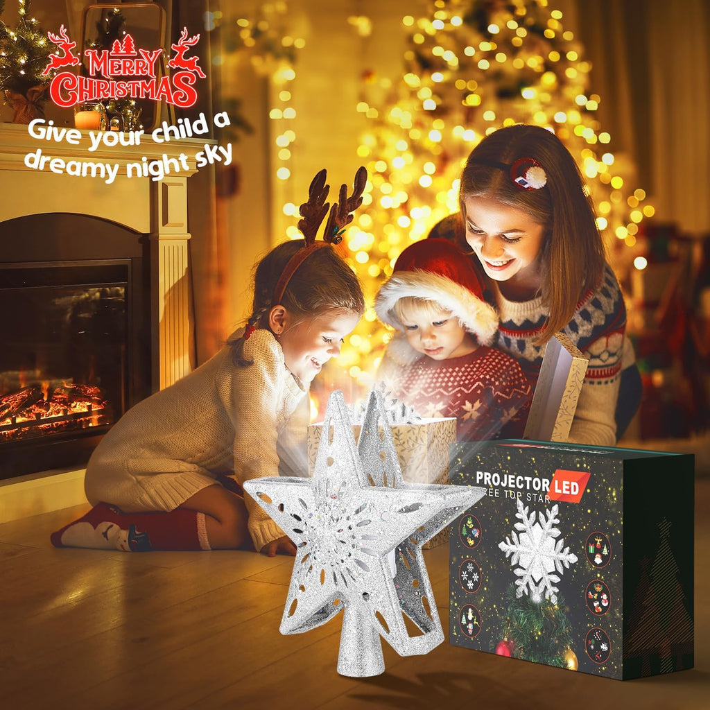 Christmas Tree Topper Lighted with 6 Projection Modes, Christmas Star Tree Topper Built-in LED Rotating Lights