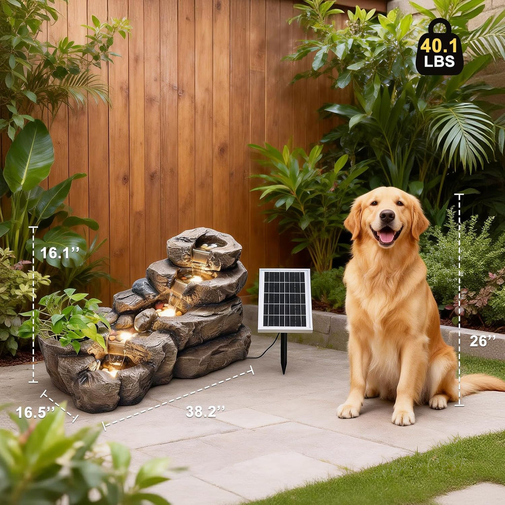 38.2" L Solar Water Fountain Outdoor Garden 5 Tiers Floor Standing Rock Natural Waterfall Outdoor Fountains with LED