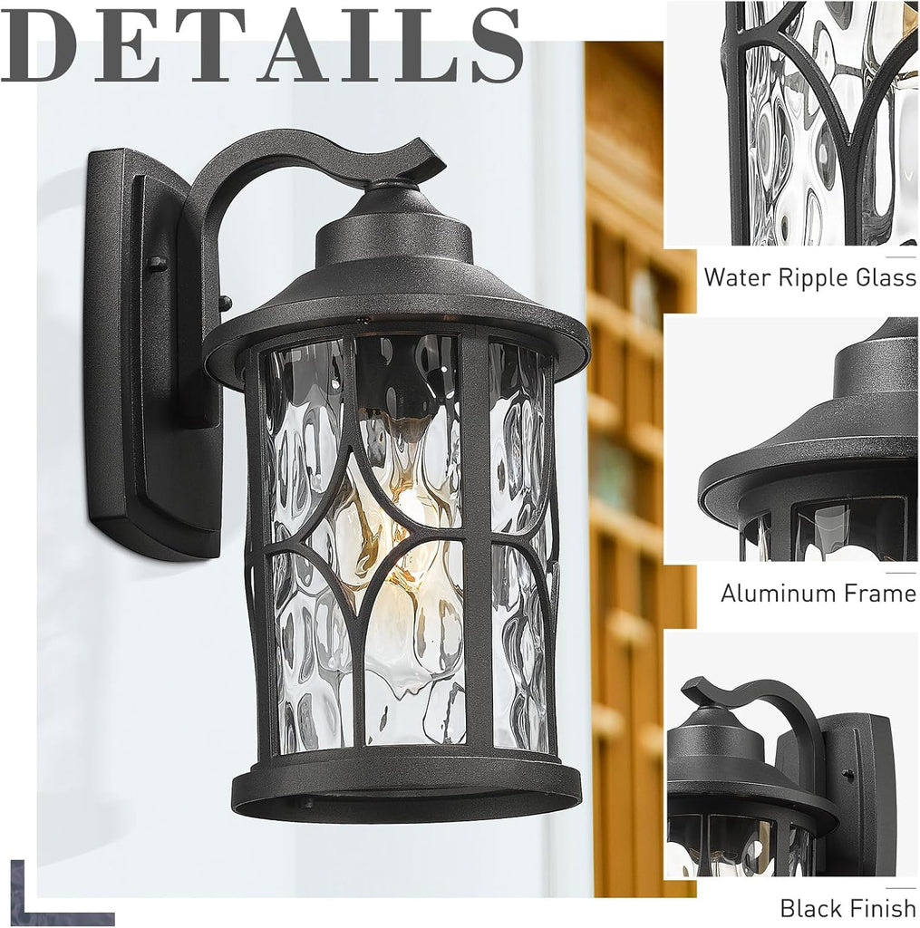 Modern Outdoor Wall Lights, 12 Inch Exterior Wall Lantern, Cast Aluminum with Water Ripple Glass, Black Finish