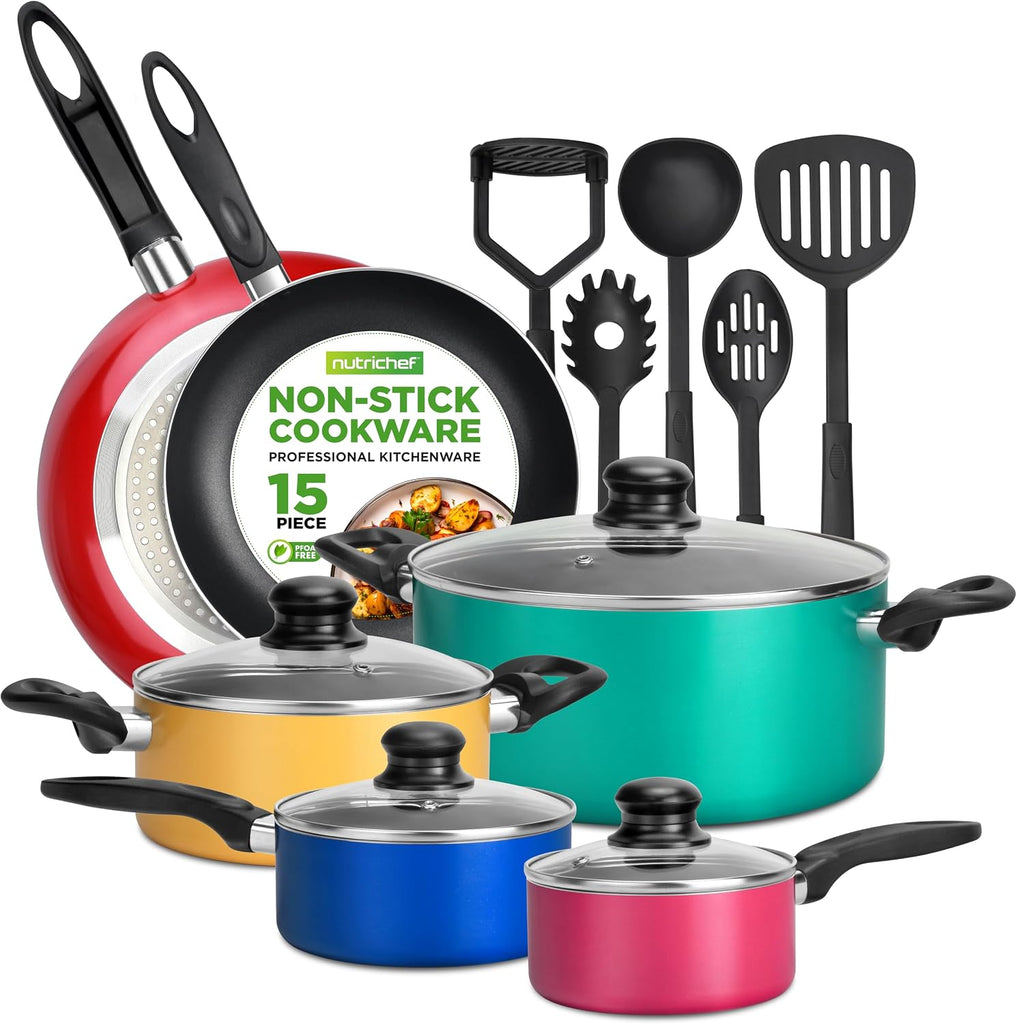 15-Piece Non Stick Kitchen Cookware Set PFOA/PFOS-Free, Colorful Heat Resistant Lacquer w/Saucepot, Frying Pans, Oven