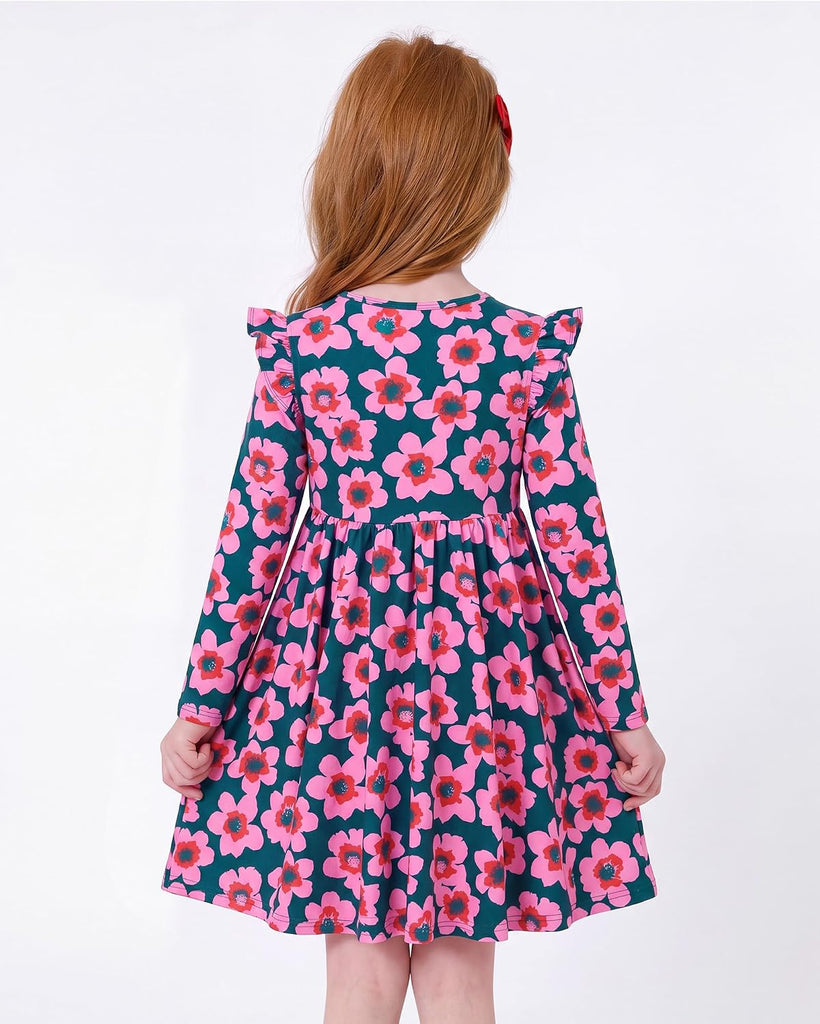 Girls Cotton Long Sleeve Cute Pattern Dress with Pockets