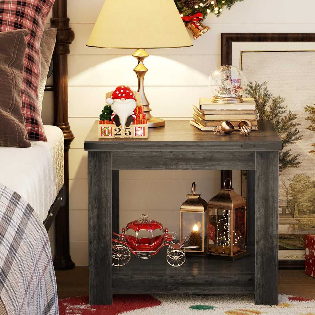 20" End Table with Storage Shelf, Farmhouse Bedside Table, Grey