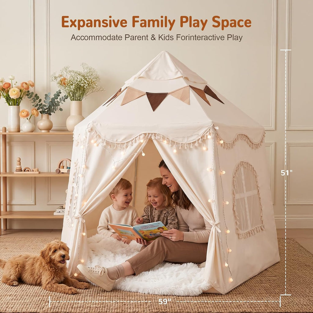 Extra Large Kids Play Tent Indoor 59x51in: Castle Tent with Mat Light Flags