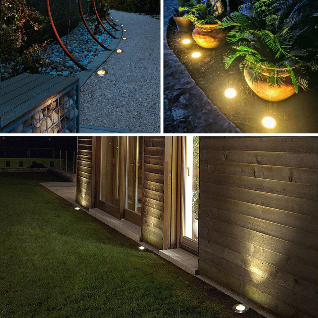 LED Landscape Lights, 12 Pack 7W Ground Lights With 24 Connectors, Low Voltage In-Ground Well Pathway Lighting, Warm
