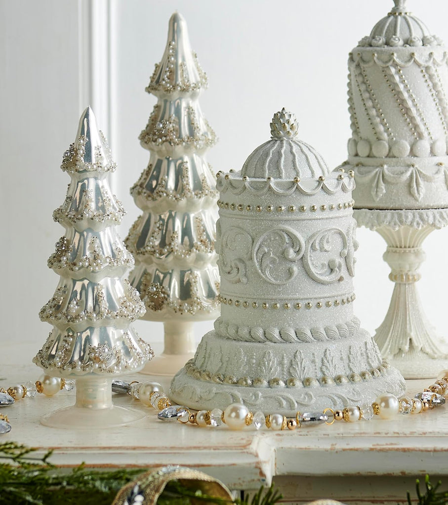 Set of 2 (12", 9.5") Embellished White Glass Christmas Tree Figurines - Elegant Pearlized Vintage Tabletop Mantel