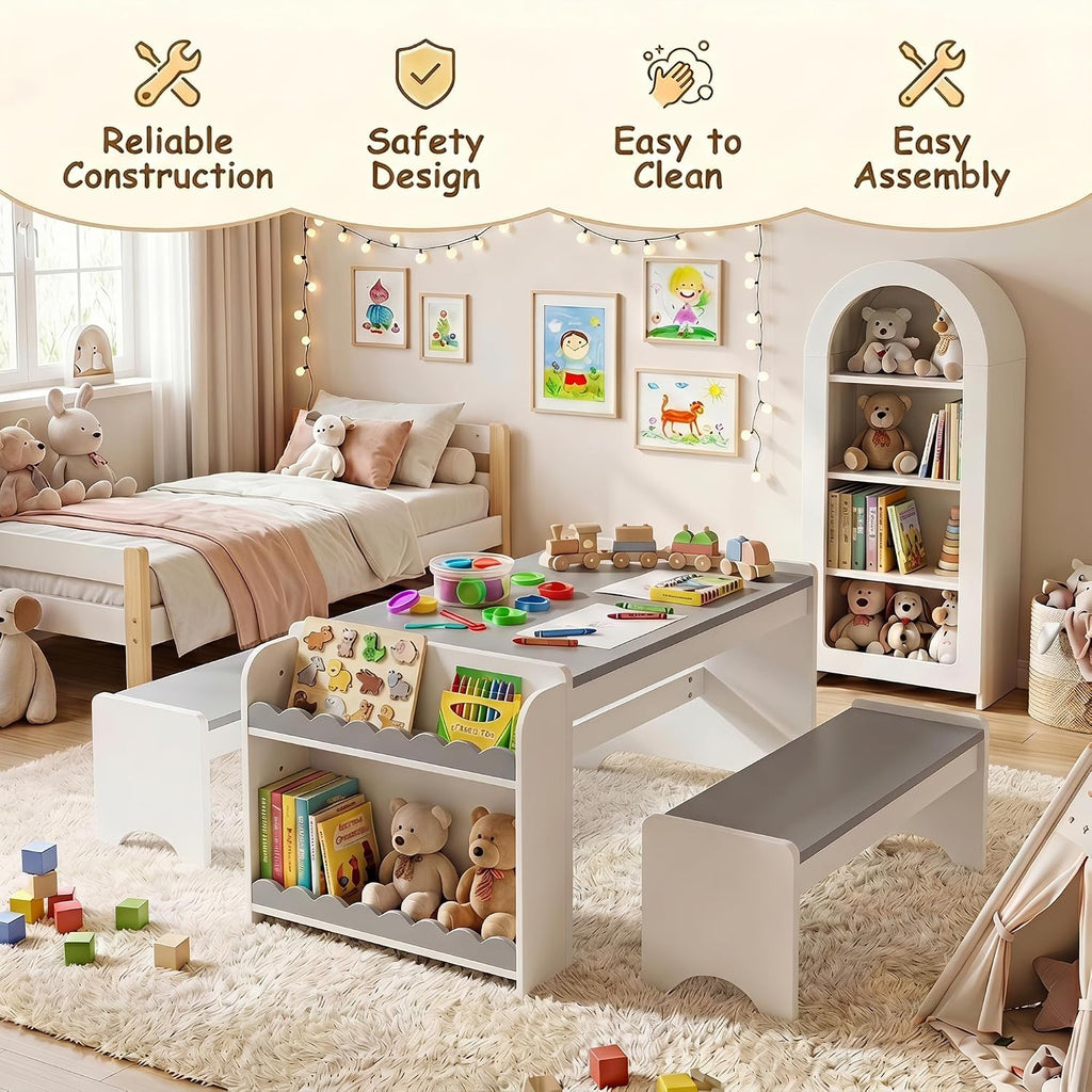 Kids Table and Bench Set, Montessori Kids Table and Chair Set, Indoor Wooden Toddler Activity Table with Bookshelves