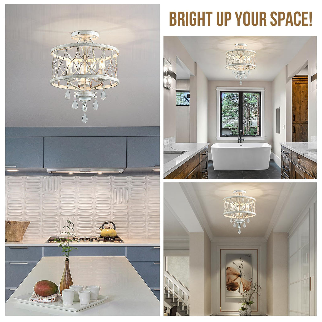 Farmhouse Crystal Ceiling Light Fixture, 3-Light Semi Flush Mount Crystal Chandelier Light Fixture Rustic Vintage