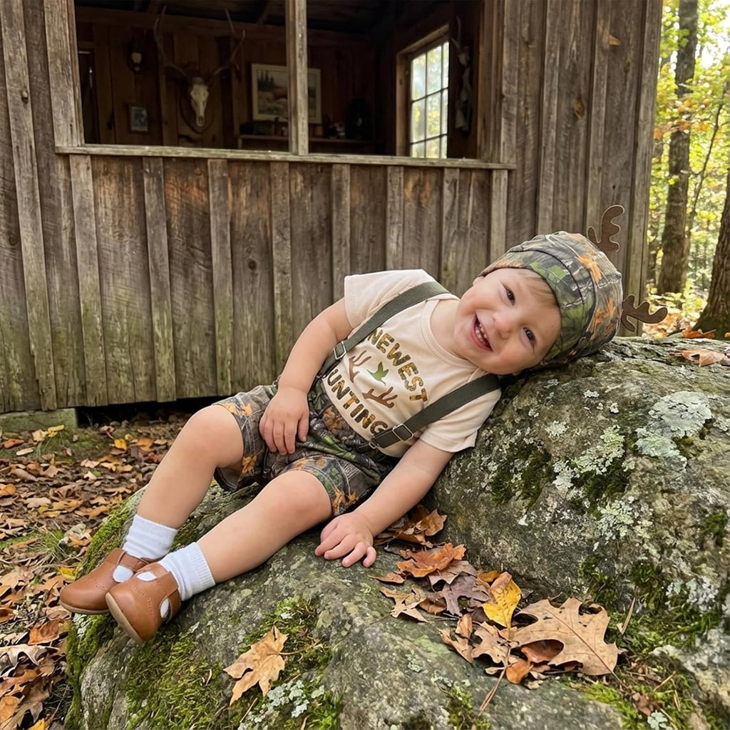 Newborn Baby Boy Clothes Hunting Short Sleeve Romper Shirt Tops Removable Strap Shorts Summer Outfits Hat Set