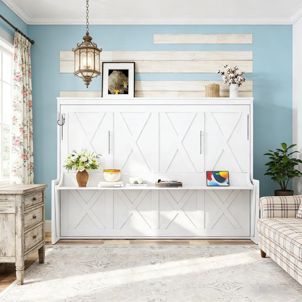 Queen Horizontal Murphy Bed with Desk, Farmhouse Wall Bed Frame with LED Lights & Charging Station, Wood Hidden