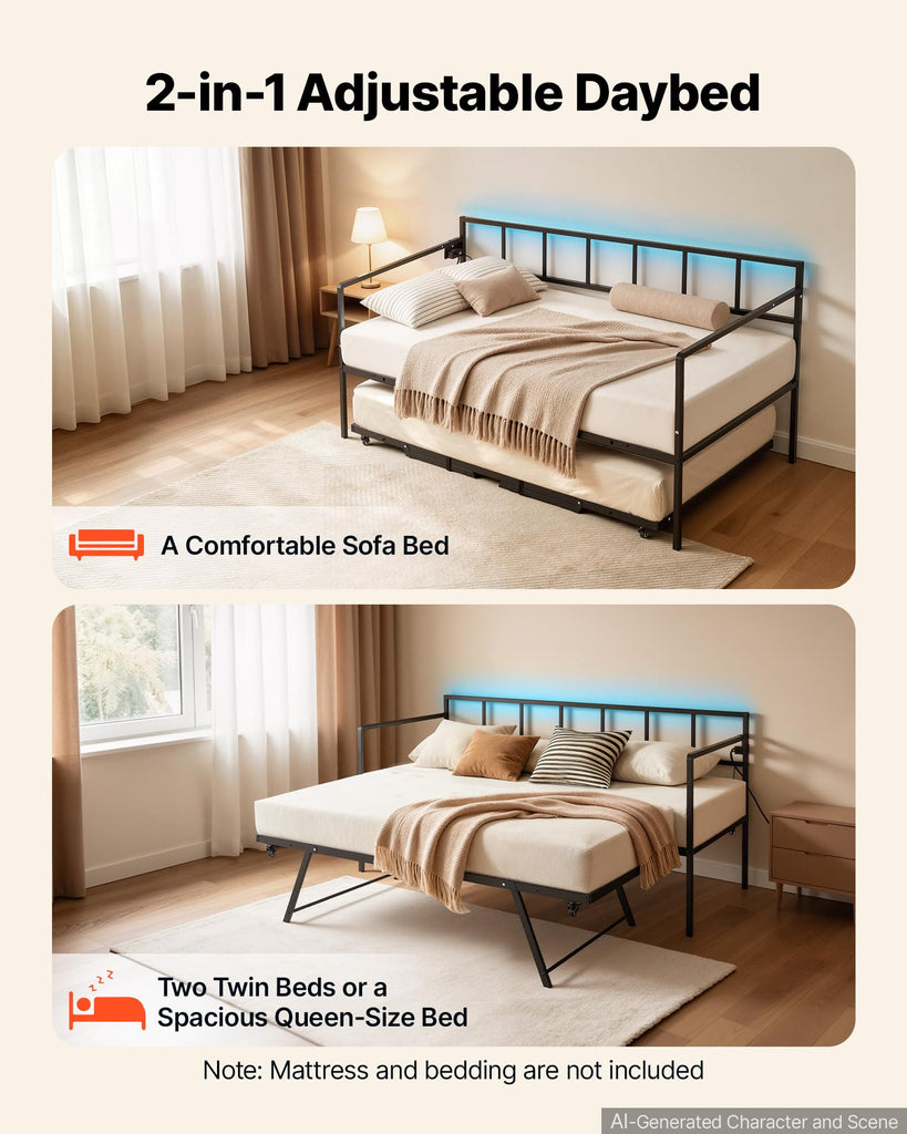 Twin Daybed with Pop Up Trundle Metal Charging Station LED Light, Bedroom Guest Room, Heavy Duty Twin Size Sofa Day