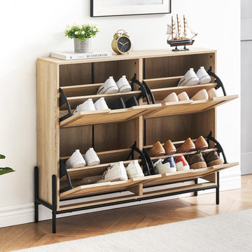 Rattan Shoe Storage Cabinet with 4 Flip Drawers, Freestanding Shoe Organizer with Adjustable Shelves, Narrow Shoe