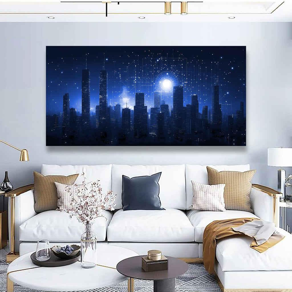 Night Stars City Wall Bedroom Wall Decor Living Room, Night Tall Buildings Canvas Wall Office Farmhouse Paintings