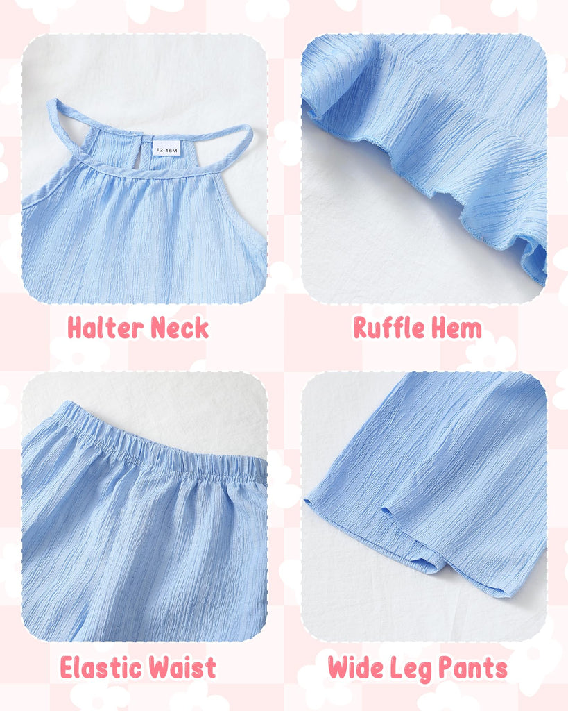 Toddler Girls Outfit Kids Clothes Blue Ruffle Summer Linen Pants 2Pcs