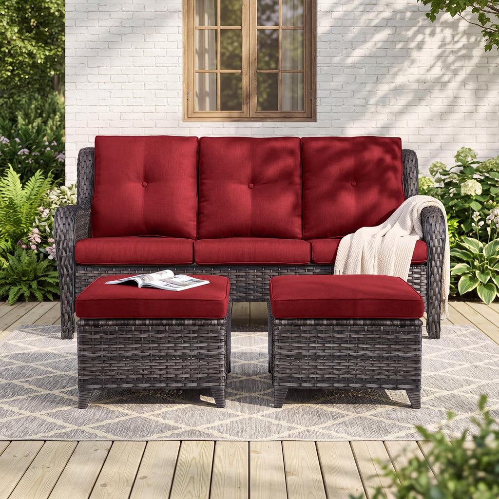 Luxury Outdoor Wicker Patio Ottomans Set of 2, 250 lbs Capacity Rattan Large Ottomans Footrest Set 22.8in*22.8in*14in