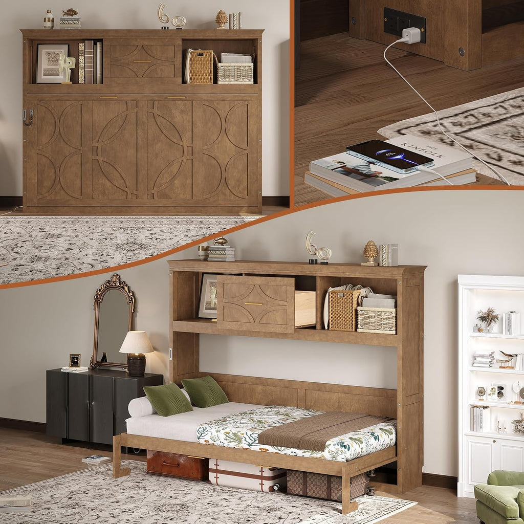 Farmhouse Wood Murphy Bed with Charging Station, Modern Wall Bed with Top Cabinet & Drawer, No Box Spring
