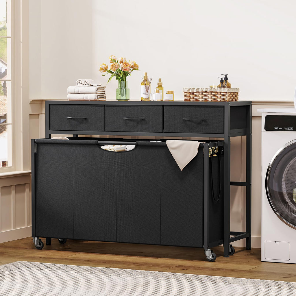 Sorter, Rolling Laundry Hamper with 4 Section Pull-Out Bags, 300L Large Laundry Basket Organizer with 3 Drawers