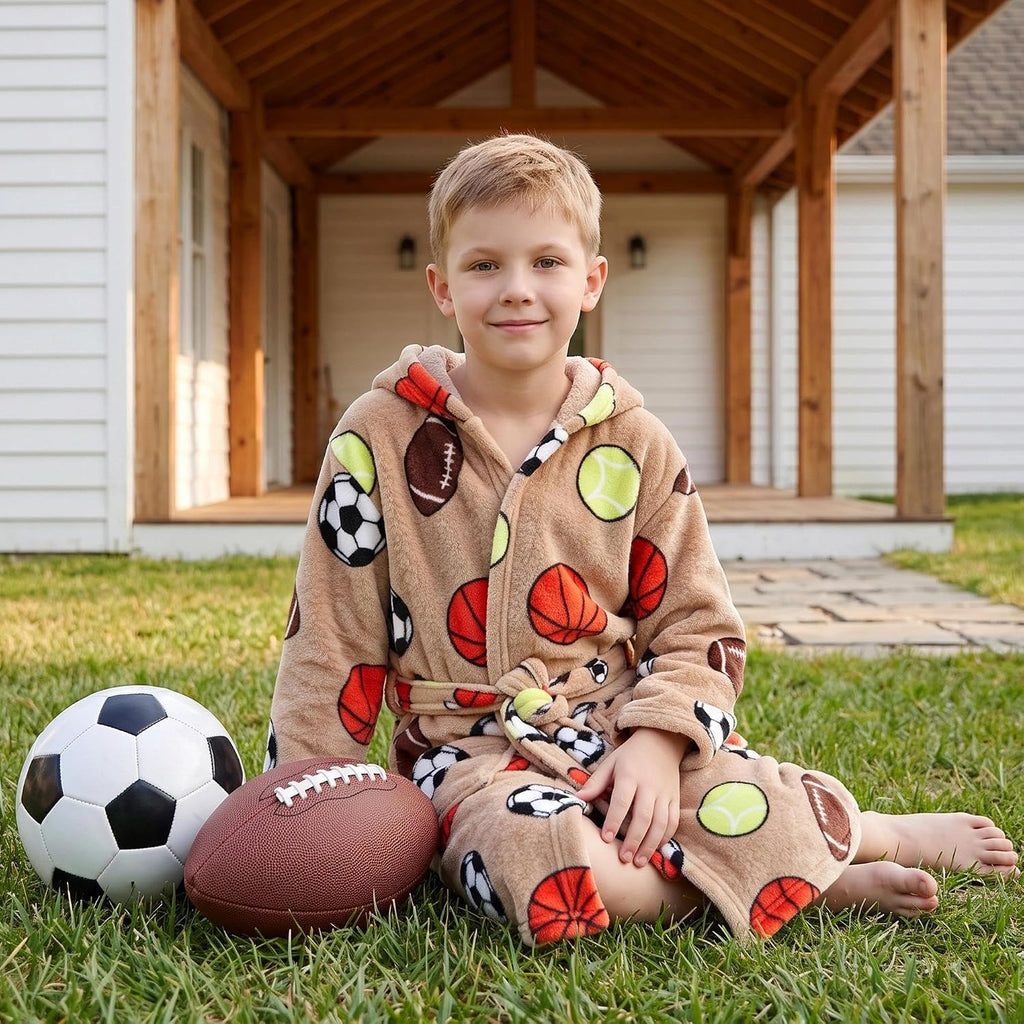 Boys Fleece Hooded Robe, Soft Print Bathrobe Kids 5-14(Ball Games5-6)
