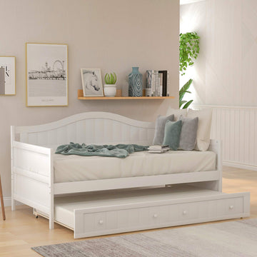 Twin Daybed with Trundle, Mid-Century Sofa Bed Wood Platform Bed Frame with Slats Support, No Box Spring Needed