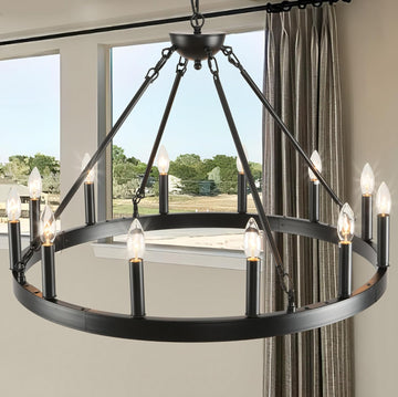 Inspired Camino Style Chandelier - Black Wagon Wheel Chandelier 32 inch,12-Light Farmhouse Wagon Wheel Chandeliers Round Industrial Ceiling Light fixtures for Outdoor Porch high Ceilings Living Dining Room Foyer Entryway A105-B0C6WP8KRW