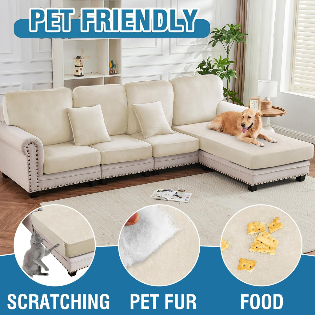 Couch Cover Velvet Chaise Cushion Cover for Sectional Sofas - Elastic L-Shaped Sofa Seat Covers Washable, Slipcover