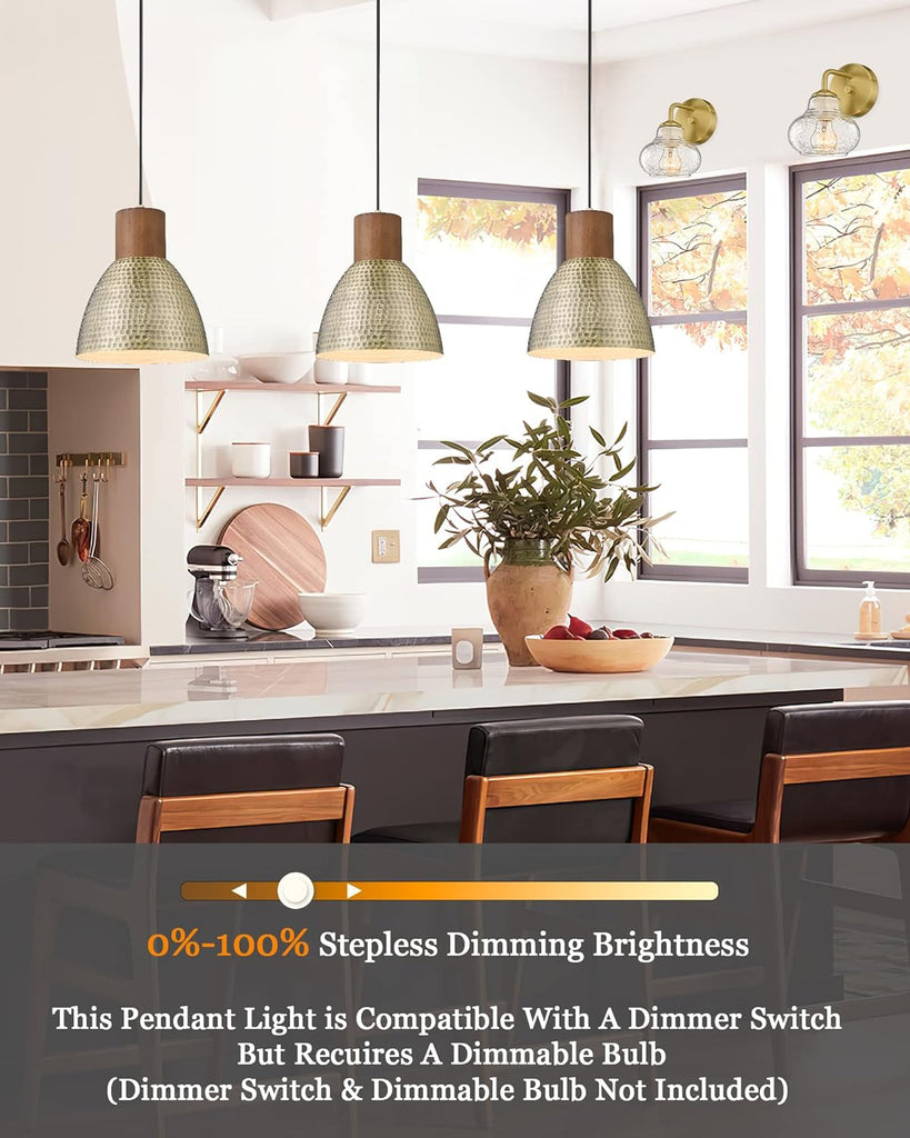 Hammered Pendant Lights for Kitchen Island, 7" Small Solid Wood Vintage Metal Hanging Light Fixture Adjustable Height
