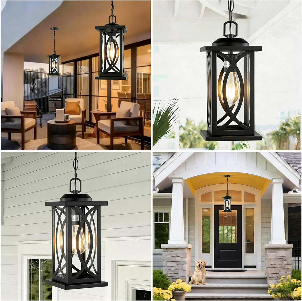 Outdoor Pendant Light, Farmhouse Hanging Lantern Light Fixture with Clear Glass Shade