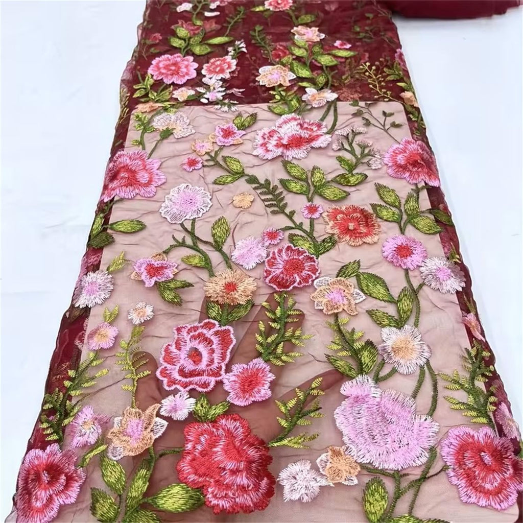 1 Yard 3D Rose Embroidered Floral Lace Fabric - Soft Transparent Mesh Tulle Fabric for Wedding Dresses, Craft