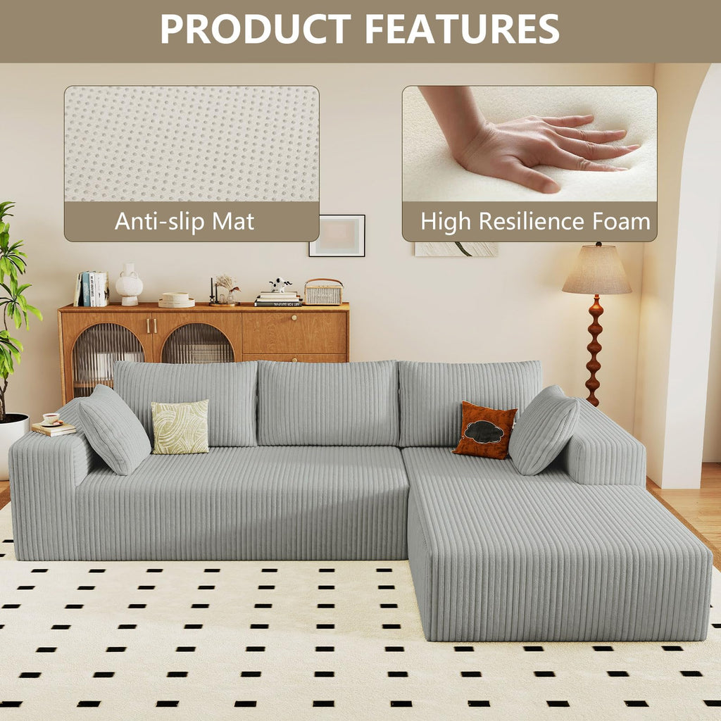 96" Cloud Sectional Couch with L-Shaped Chaise, Modern Corduroy Sectionals Couches with Deep Seat, Boneless Sofa 3