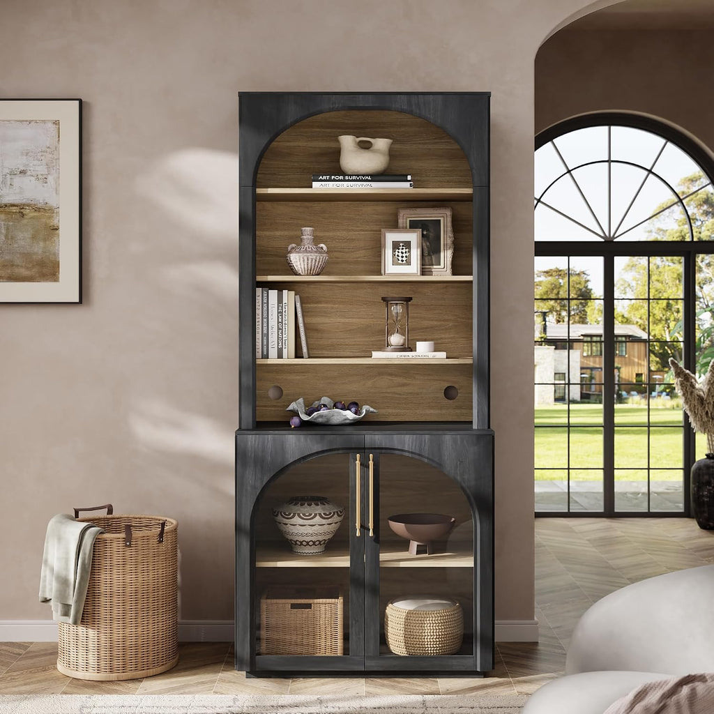 72'' Tall Arched Bookshelf with Glass Doors, 6 Tier Bookcase | Mid-Century Modern Display Cabinet, Modular Accent