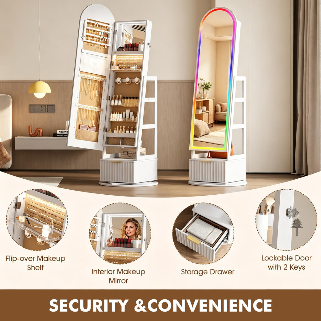 RGB Jewelry Cabinet with Full Length Mirror, 360° Swivel & Remote Control