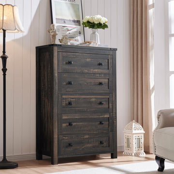 48" Tall Farmhouse 5-Drawer, Dark Rustic Oak