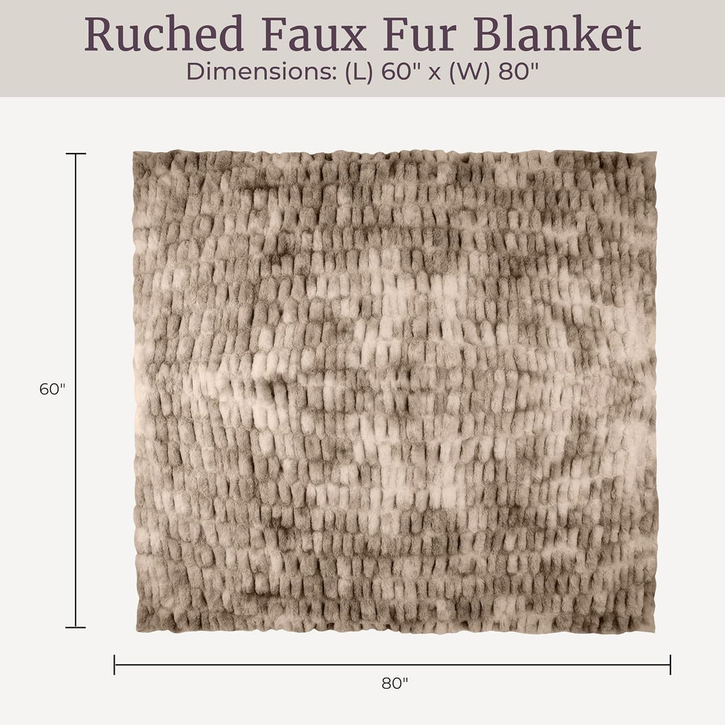 Oversized Ruched Faux Fur Blanket, Taupe, 60" x 80" | Plush Polyester Faux Fur Queen-Size Throw Blanket for Sofas and